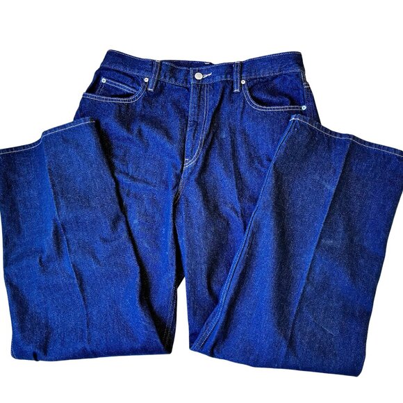 Uniqlo Blue Jeans Medium Rise Wide Leg Straight Dark Wash Denim NEW - Picture 12 of 13